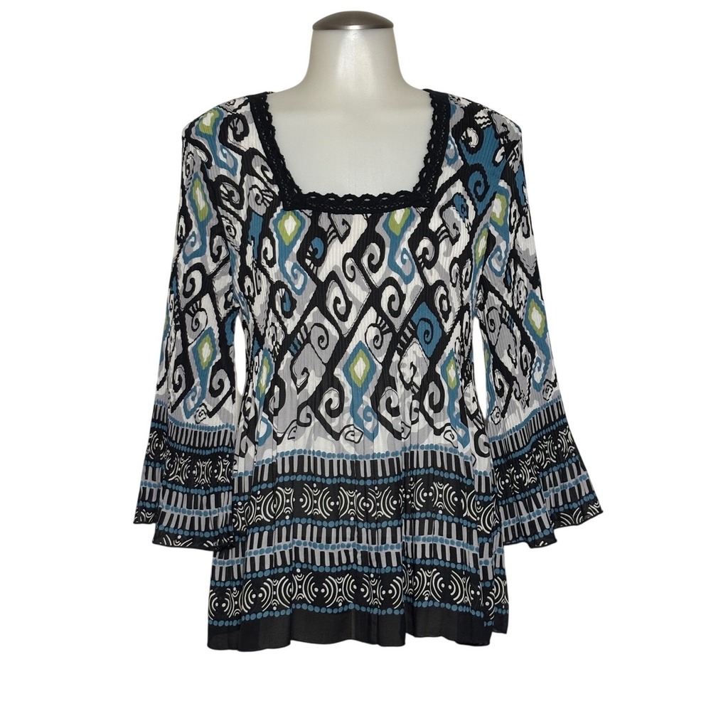 Dressbarn‎ Blouse Womens PL Blue Green Ikat Pleated Bell Sleeve EUC Boho Chic